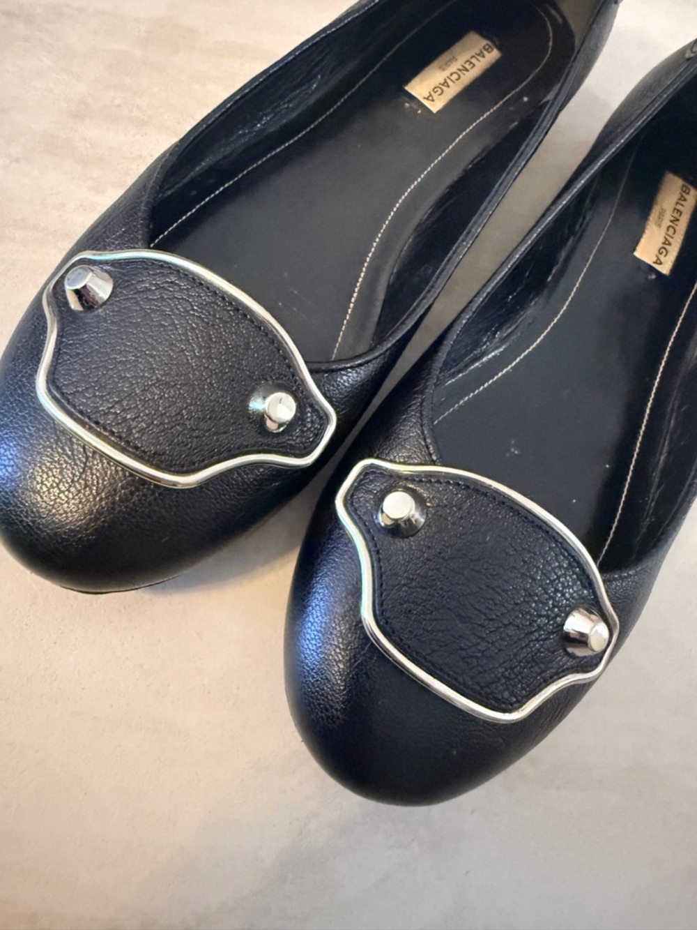 Balenciaga Black Leather Ballet Flats with Silver Stud Detail size 40 - Picture 2 of 6